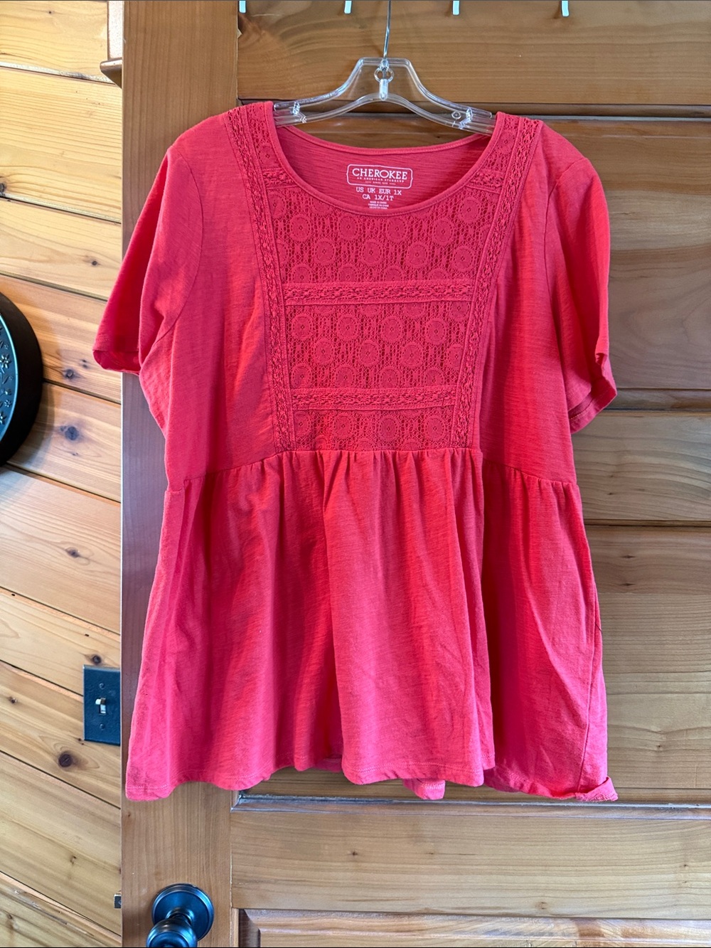 Cherokee Coral Red Lace-Yoke Peplum Tunic
